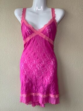 HANKY PANKY Hot Pink Lace Coquette Feminine Slip Dress Size XL